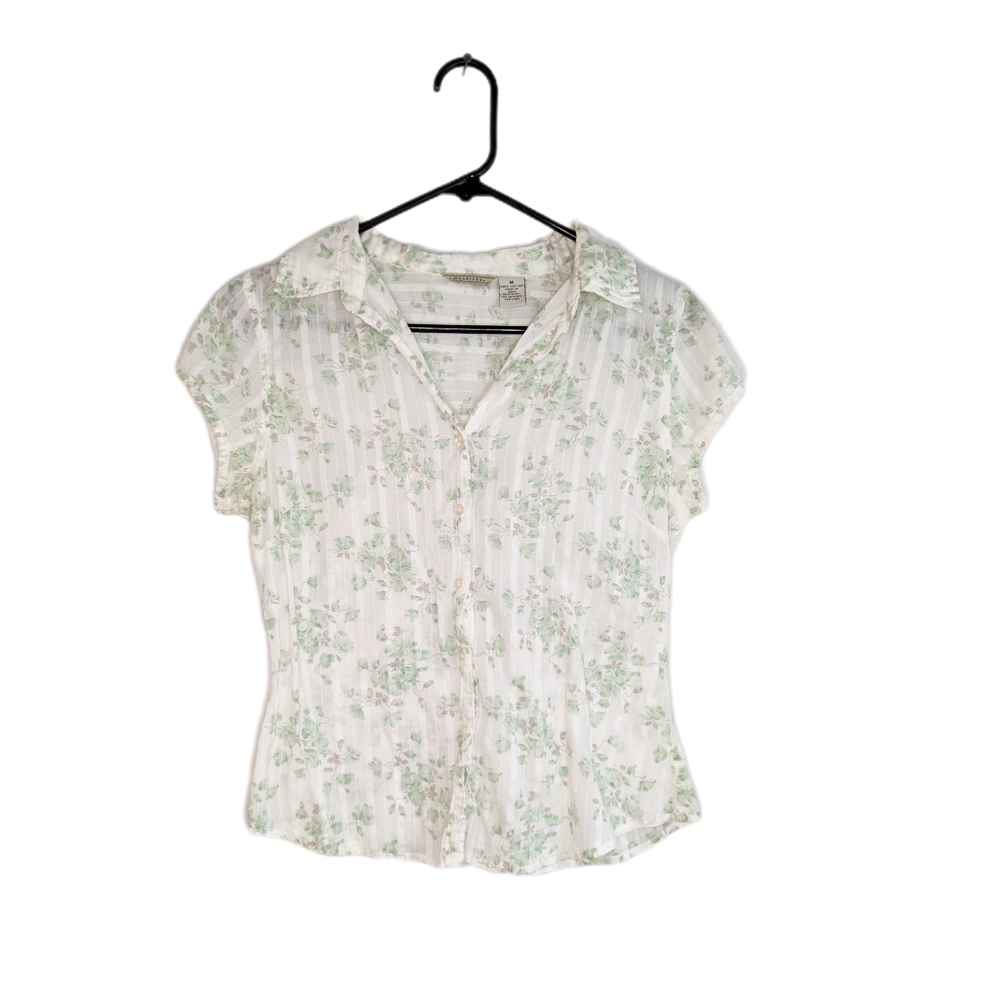 Early 2000s Floral Print Short Sleeve Lightweight Button Down Blouse Tee
